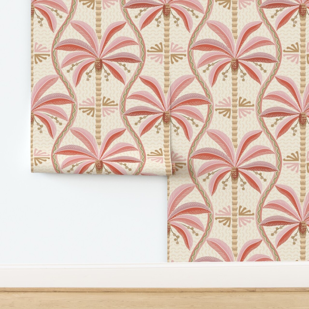 Wavy Stripes Pink And Coral Tropical Retro Palms Palm Springs Mid-Century Custom Removable Wallpaper by Spoonflower Peel & Stick Wallpaper 2FT Wide